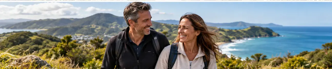 New Zealand couple enjoying a coastal walk together, representing shared interests and genuine connection